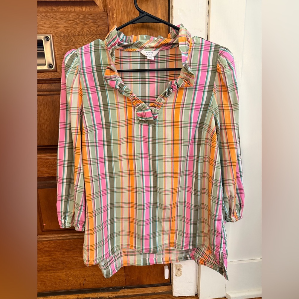 crown & ivy Pink Orange Green Striped Ruffle V-Neck Blouse - NEVER WORN!
